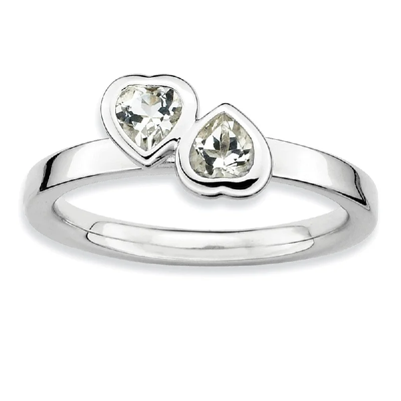 Ladies ring recommendations-Sterling Silver Stackable Double Heart White Topaz Ring