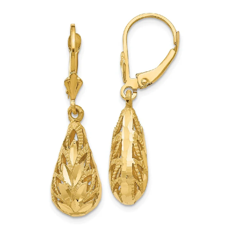 Ladies earrings designer labels-Teardrop Foliage Dangle Lever Back Earrings in 14k Yellow Gold