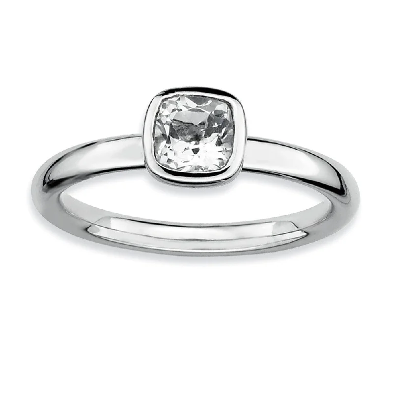 Ladies ring elegant charm-Silver Stackable Cushion Cut White Topaz Solitaire Ring