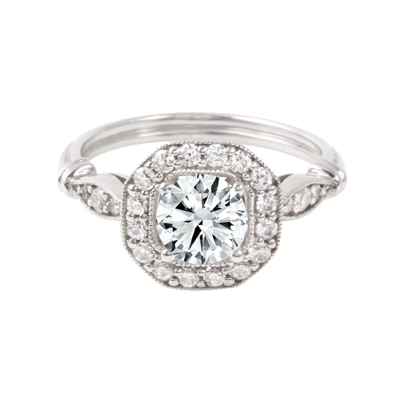 Ladies engagement rings trendy looks-Round Diamond Squared Halo Vintage Inspired Engagement Ring