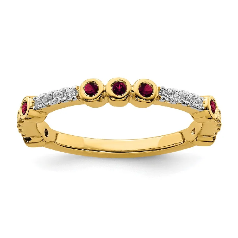 Ladies ring synthetic gems-2mm 14k Yellow Gold Created Ruby & .08 Ctw Diamond Stackable Band