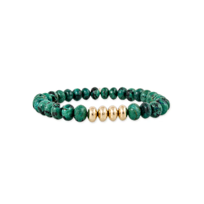 Ladies bracelets floral designs-4 GOLD BEADS + CHRYSOCOLLA BEADED STRETCH BRACELET