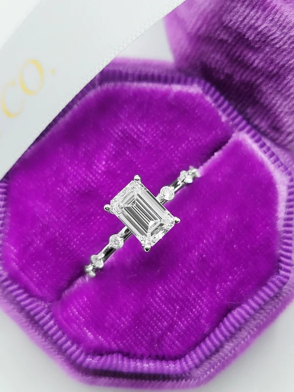 Ladies engagement rings proposal ideas-1.68 Carats Lab Grown Emerald Cut Spaced Side Stones Diamond Engagement Ring