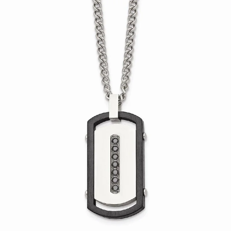 Ladies necklaces bridal jewelry-Stainless Steel Brushed/Polished Black IP Rim Black CZ Tag Necklace