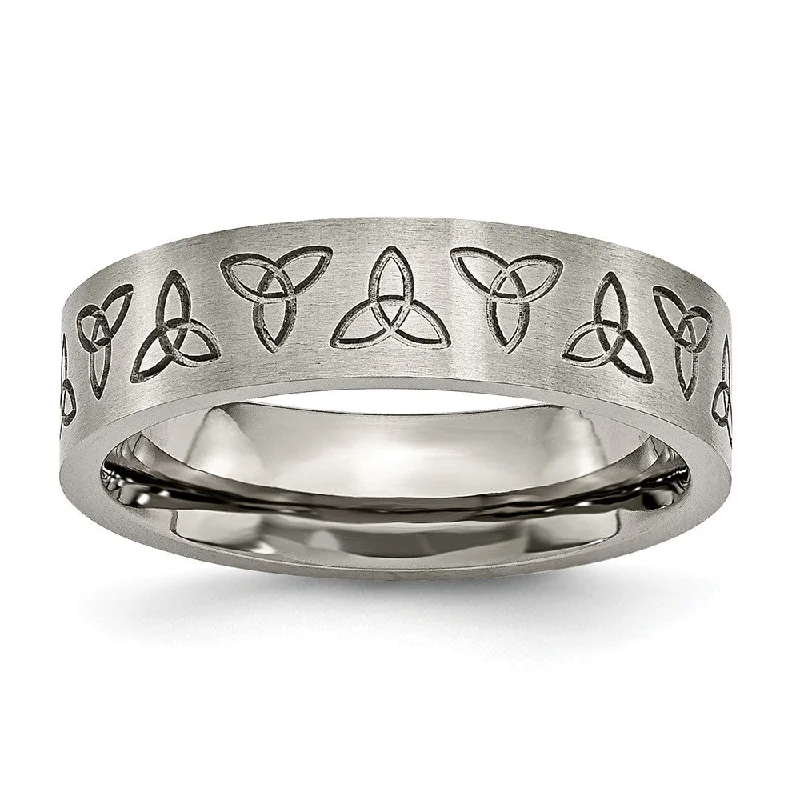 Ladies ring colorful gems-6mm Engraved Trinity Symbol Flat Band in Brushed Titanium