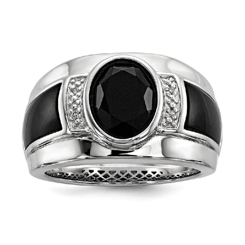 Ladies ring top brands-Diamond & Oval Black Onyx 13mm Tapered Ring in Sterling Silver