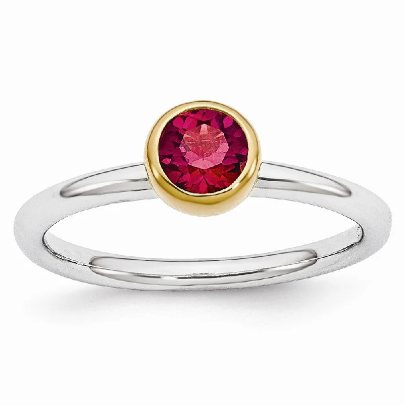 Ladies ring girlfriend gift-Two Tone Sterling Silver Stackable 5mm Round Created Ruby Ring