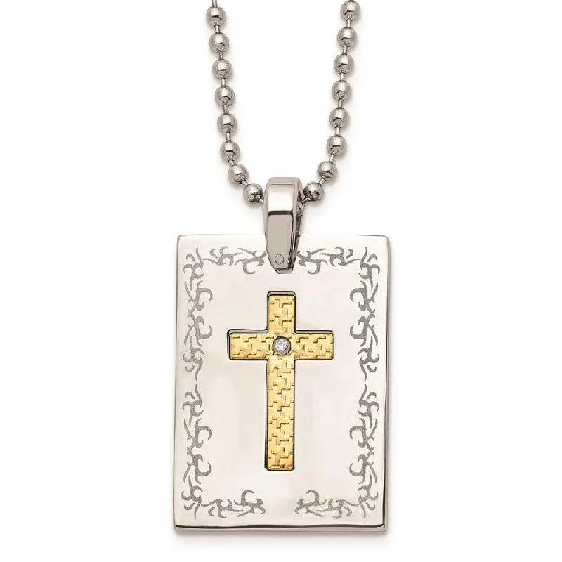 Ladies necklaces Mother’s gift-Stainless Steel w/18k Polished Laser Etched Square Cross Diamond Necklace