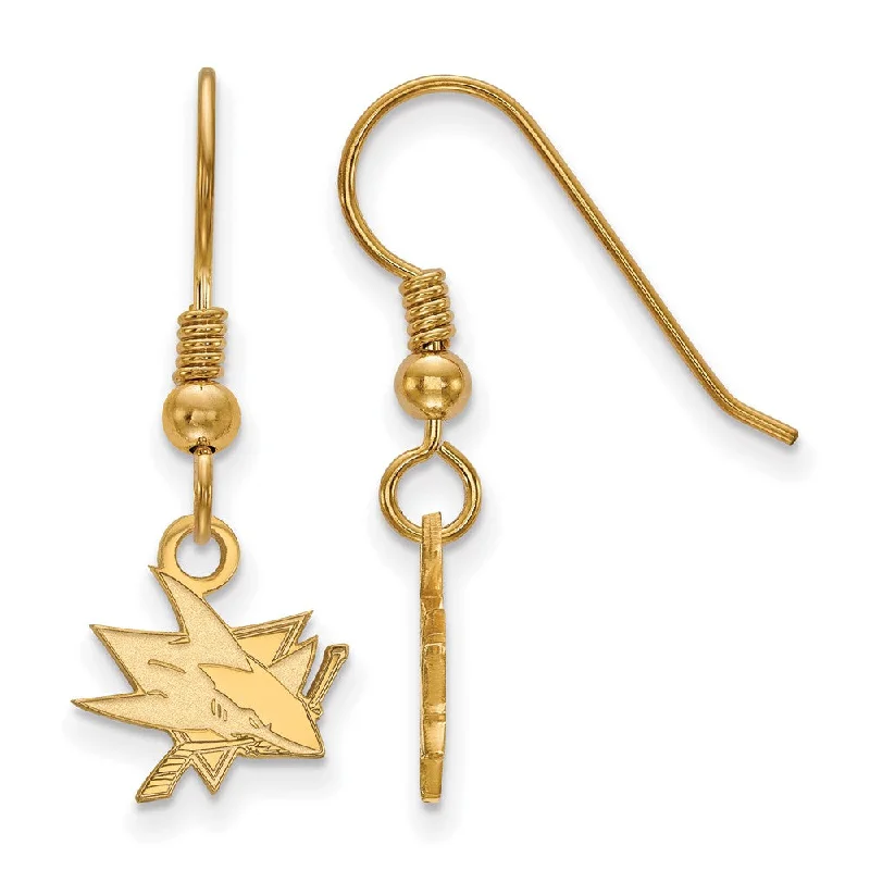 Ladies earrings engraved details-SS 14k Yellow Gold Plated NHL San Jose Sharks XS Dangle Earrings