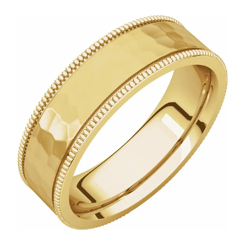 Ladies ring care tips-6mm 14K Yellow Gold Milgrain Hammered Flat Comfort Fit Band