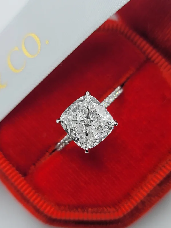 Ladies engagement rings buying guide-4.52 Carats Lab Grown Cushion Cut Micropaved Side Stones Hidden Halo Diamond Engagement Ring