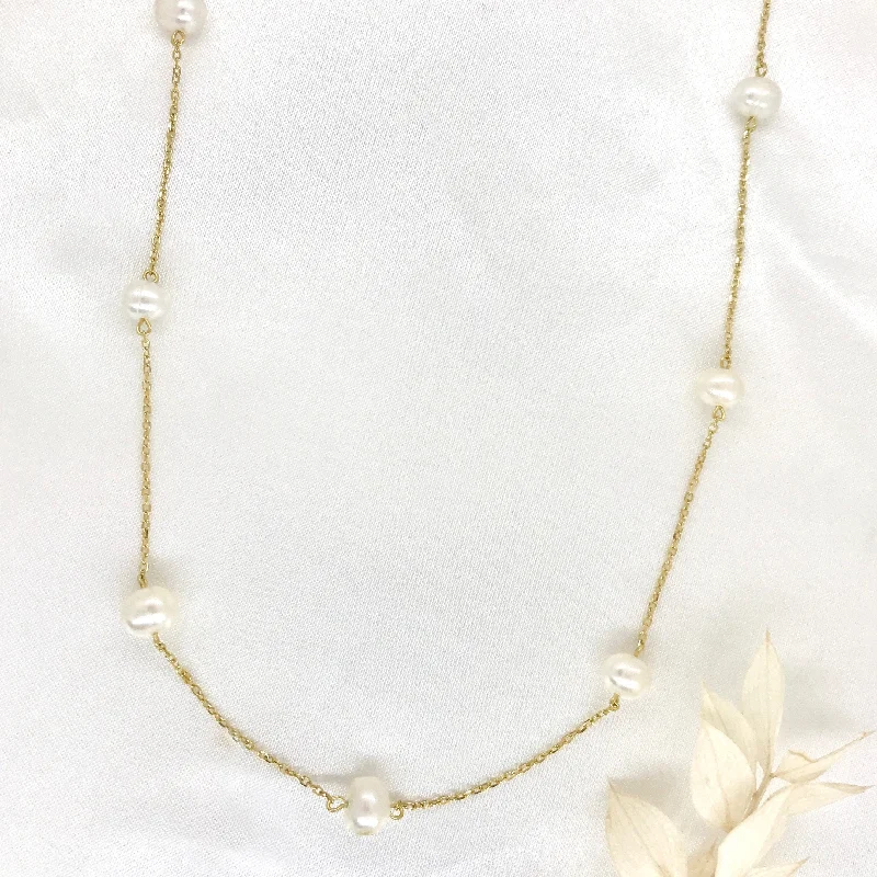 Ladies necklaces lightweight feel-18k/925 Vermeil Spaced Pearl Necklace