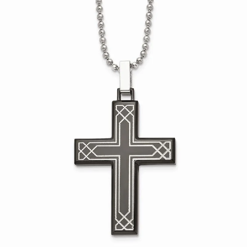 Ladies necklaces creative styles-Stainless Steel Polished Laser Etched Black IP Cross Necklace