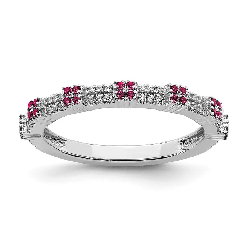 Ladies ring Christmas edition-2.5mm Rhodium Sterling Silver, Lab Created Ruby & Diamond Stack Band