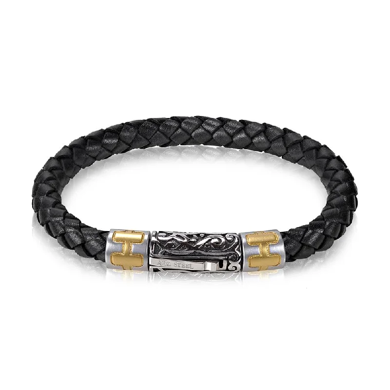 Ladies bracelets engraved names-A.R.Z Men's 6mm Steel Black Leather 8.5  Bracelet