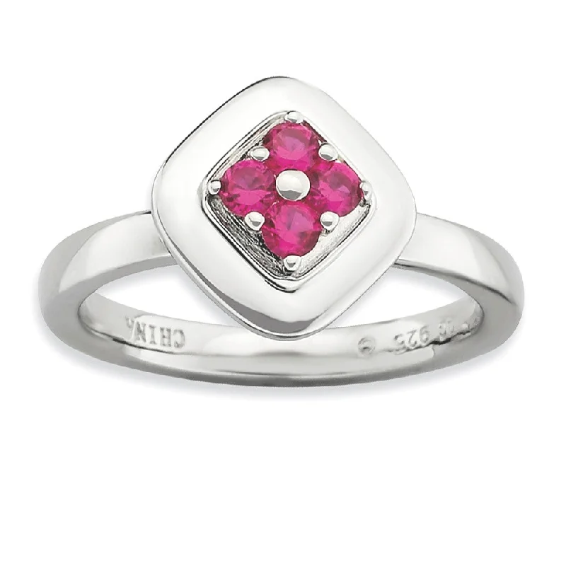 Ladies ring age suitability-Sterling Silver Stackable Rhombus Created Ruby Ring