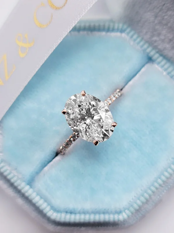 Ladies engagement rings gothic charm-3.59 Carats Lab Grown Oval Cut Micropaved Side Stones Hidden Halo Diamond Engagement Ring