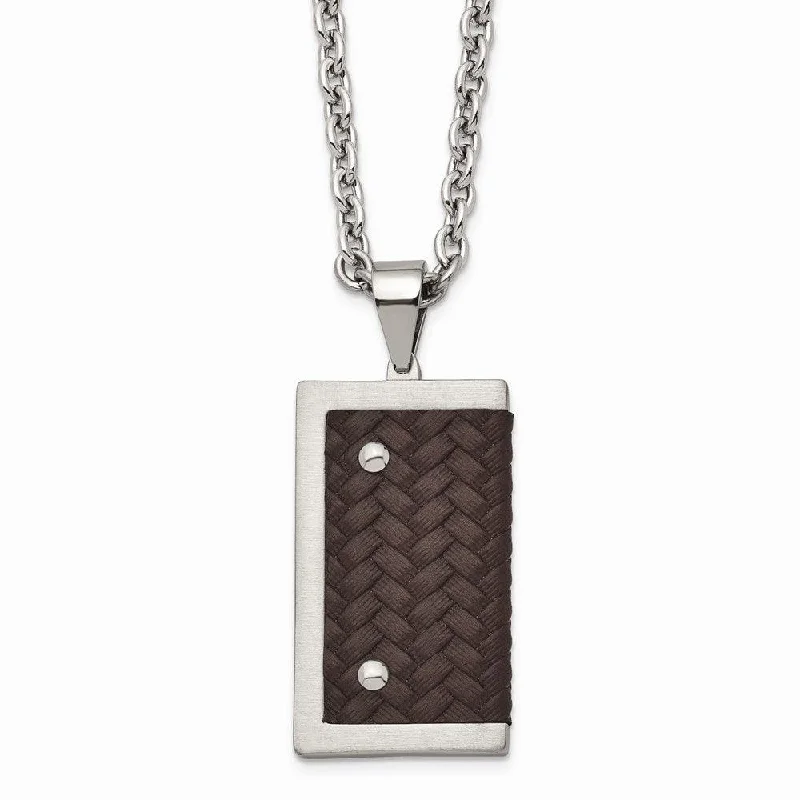 Ladies necklaces openwork design-Stainless Steel Reversible Brushed & Polished with Brown Leather Necklace