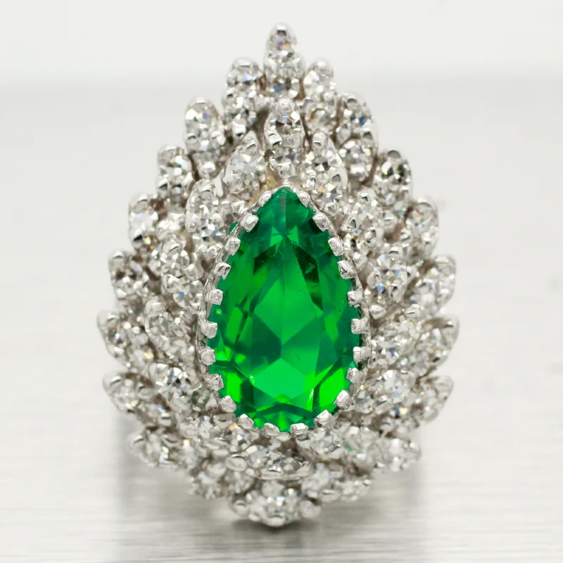 Ladies engagement rings punk edge-Vintage 2ct Lab-Created Emerald Pear Cut Engagement Ring - 14k White Gold