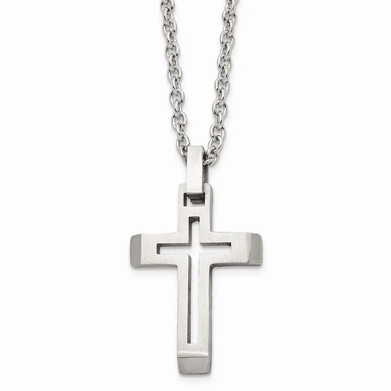 Ladies necklaces 2025 trends-Stainless Steel Polished and Brushed Cut-out Cross Necklace