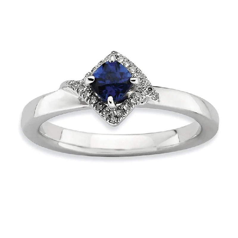 Ladies ring natural stones-Stackable Created Sapphire & .10ctw HI/I3 Diamond Sterling Silver Ring