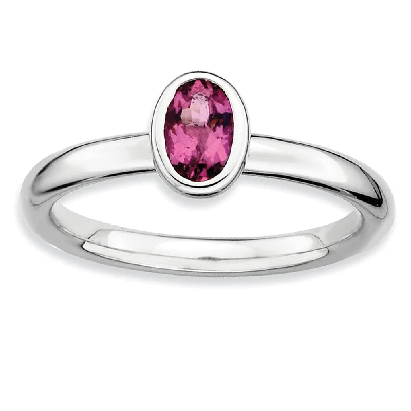 Ladies ring geometric shapes-Sterling Silver Stackable Oval Pink Tourmaline Solitaire Ring