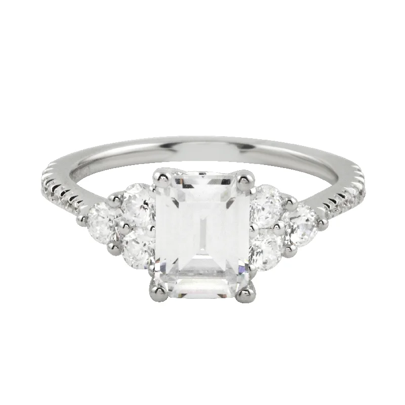 Ladies engagement rings modern flair-Emerald Cut Diamond Trio Engagement Ring