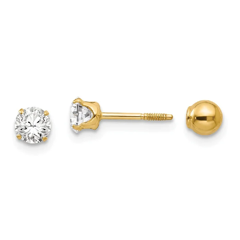 Ladies earrings European flair-Reversible 4mm Crystal and Ball Screw Back Earrings in 14k Yellow Gold