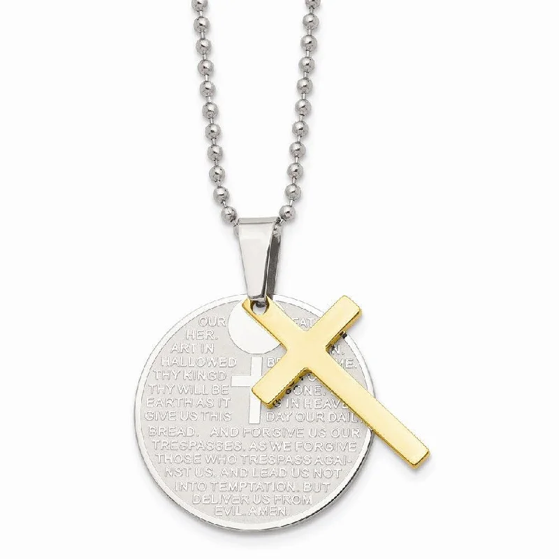 Ladies necklaces geometric patterns-Stainless Steel Brushed/Polished Yellow IP Lords Prayer Cross Necklace