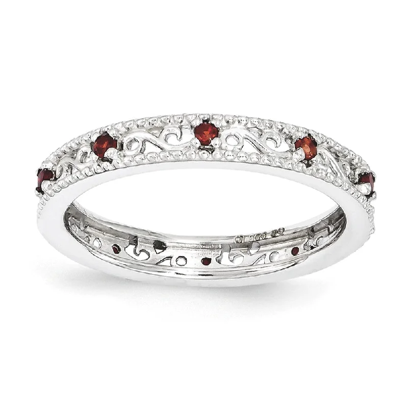 3mm Sterling Silver Stackable Expressions Garnet Scroll Band