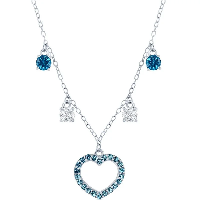 Ladies necklaces natural gems-Classic Women's Necklace - Sterling Silver Station White and Blue CZ Heart | M-6942