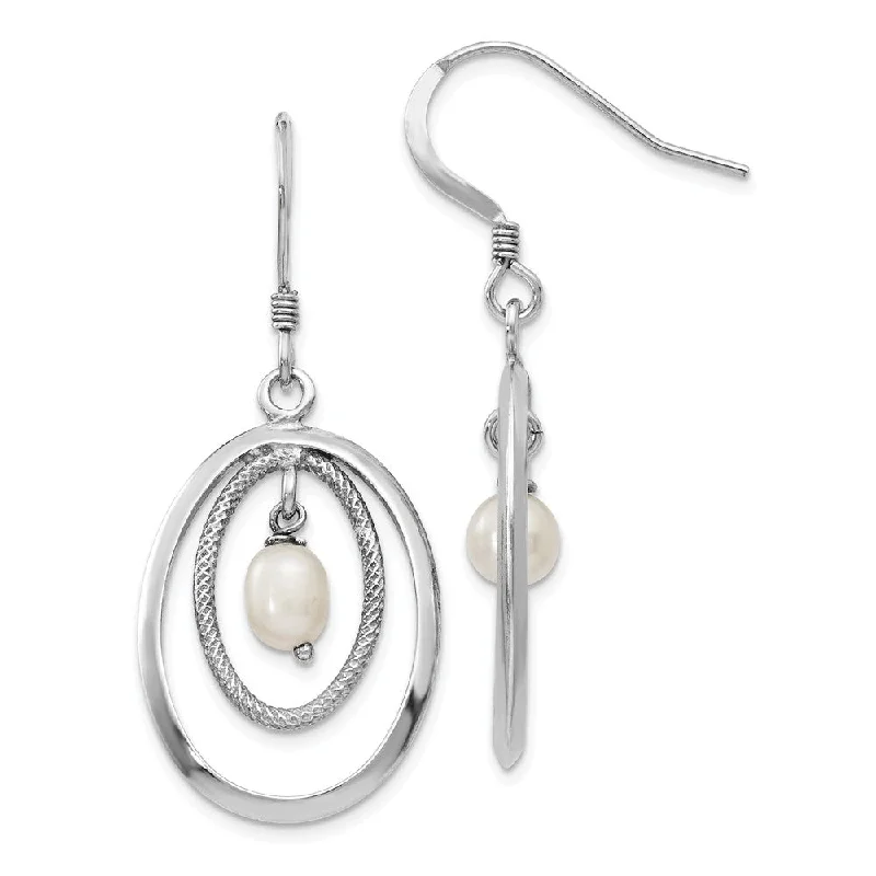 Ladies earrings fashion picks-18 x 39mm Silver, FW Cultured White Pearl & Oval Dangle Earrings