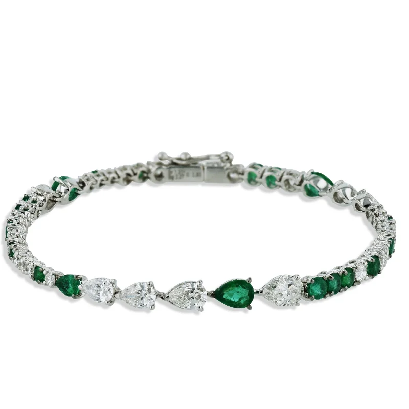 Ladies bracelets ruby gems-Diamond and Emerald 18K White Gold Bracelet