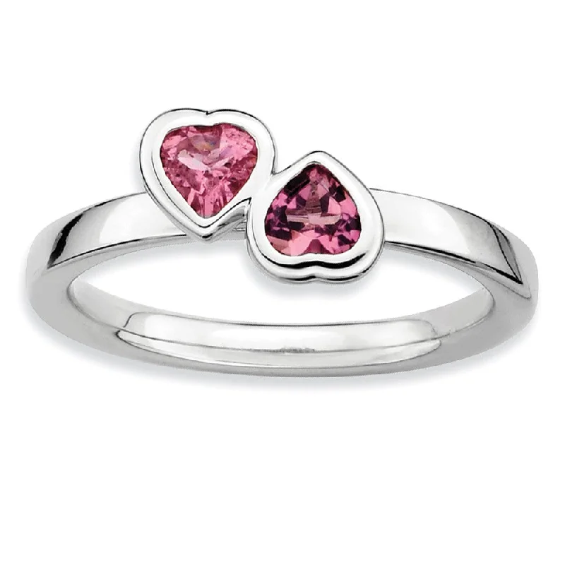 Ladies ring minimalist design-Sterling Silver Stackable Double Heart Pink Tourmaline Ring