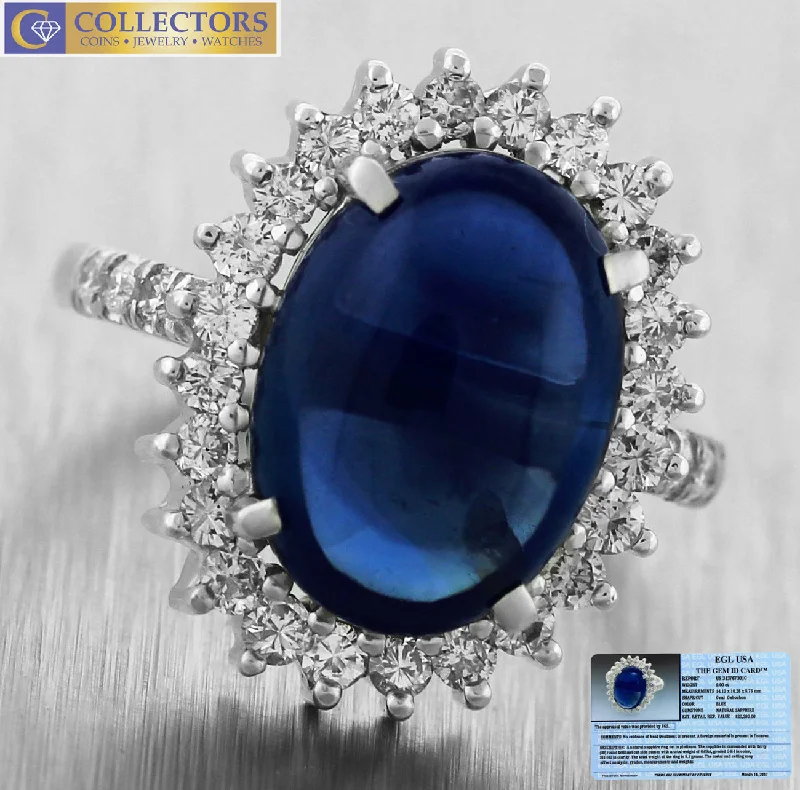 Ladies engagement rings romantic settings-EGL 9.00ct Cabochon Sapphire and Diamond Engagement Ring in Platinum Mounting