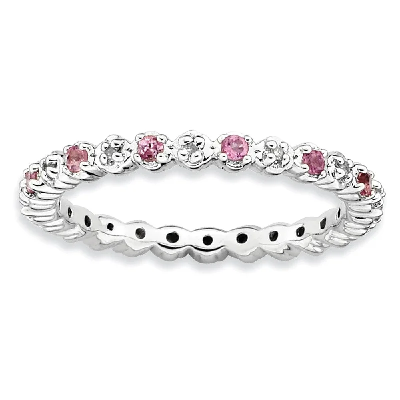 Ladies ring youthful design-2.25mm Stackable Pink Tourmaline & .04Ctw HI/I3 Diamond Silver Band