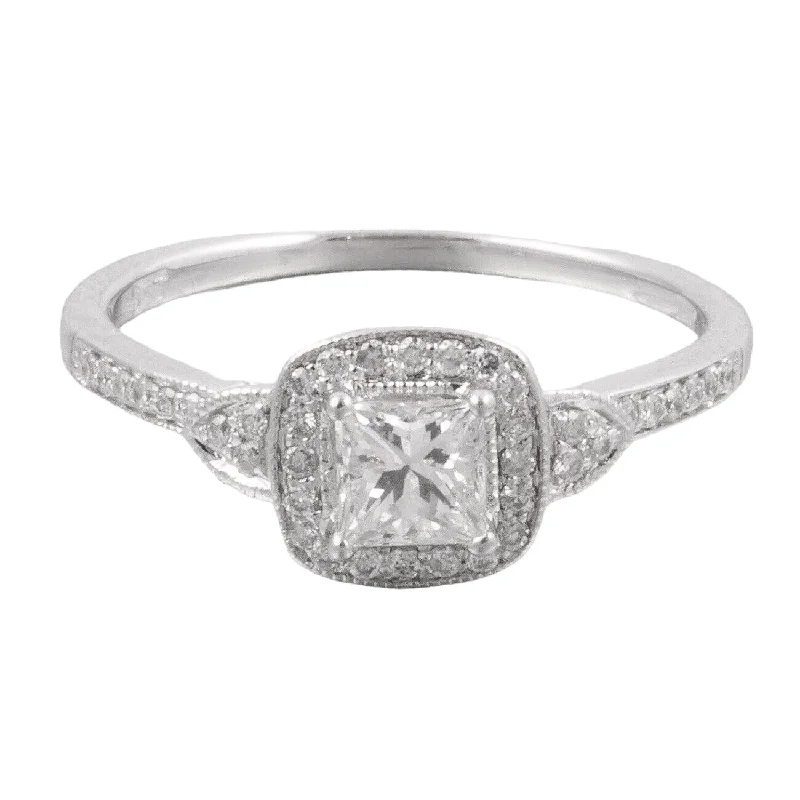 Ladies engagement rings romantic settings-10k White Gold Princess Cut Diamond Halo Engagement Ring 0.62ctw Size 7