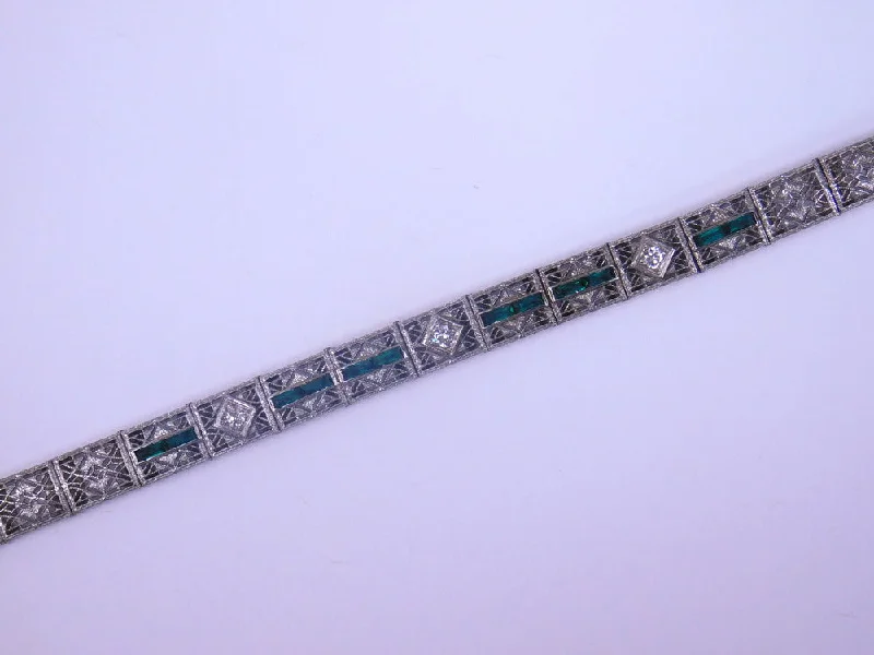 Ladies bracelets retail shops-14K ART DECO DIAMOND AND GREEN STONE BRACELET