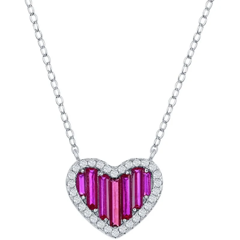 Ladies necklaces anniversary choice-Classic Women's Necklace - Sterling Ruby Round and White Baguette CZ Heart | M-6780