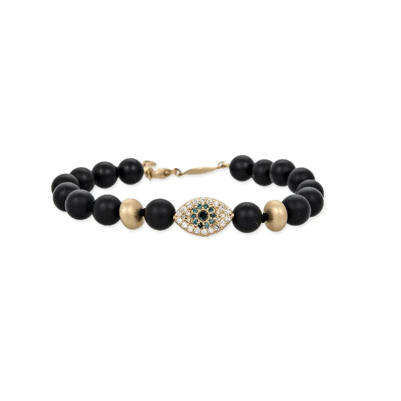 Ladies bracelets group designs-PAVE EYE AND SCARAB BEAD + GOLD AND BLACK HEMATITE BEADED STRETCH BRACELET