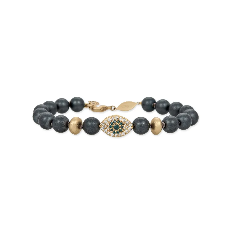 Ladies bracelets girlfriend picks-PAVE EYE AND SCARAB BEAD + GOLD AND GREY HEMATITE BEADED STRETCH BRACELET