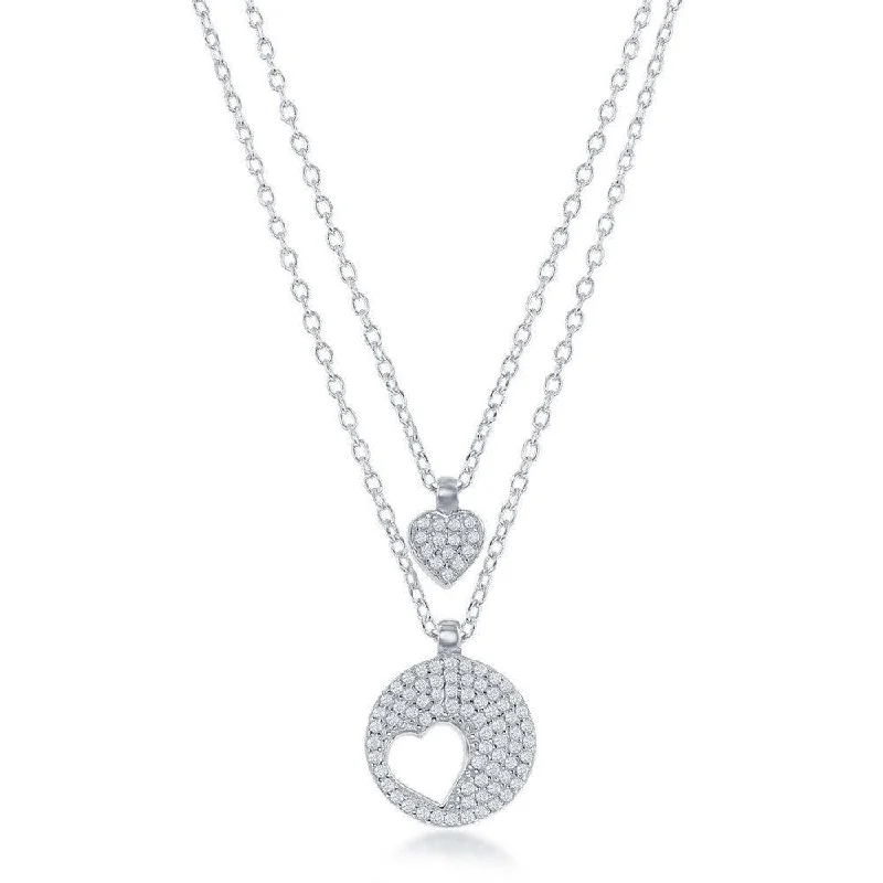 Ladies necklaces social media trends-Sterling Silver Round Heart Cut-Out Double Strand Necklace