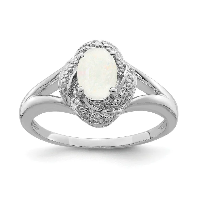 Ladies ring handmade crafts-Sterling Silver .01 Ctw (H-I, I2-13) Diamond & Oval Created Opal Ring