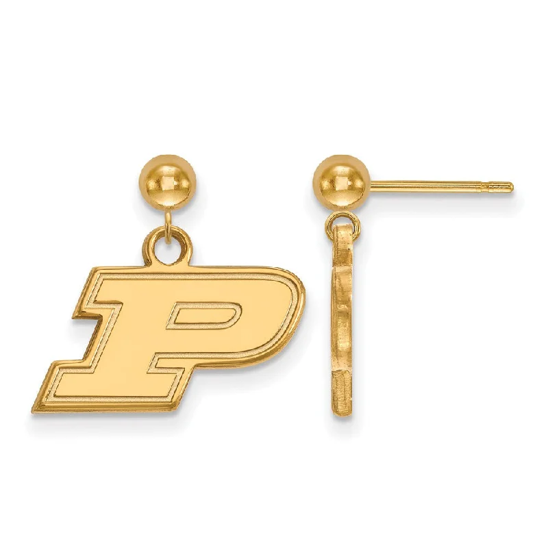 Ladies earrings latest trends-14k Yellow Gold Purdue Initial P Ball Dangle Earrings