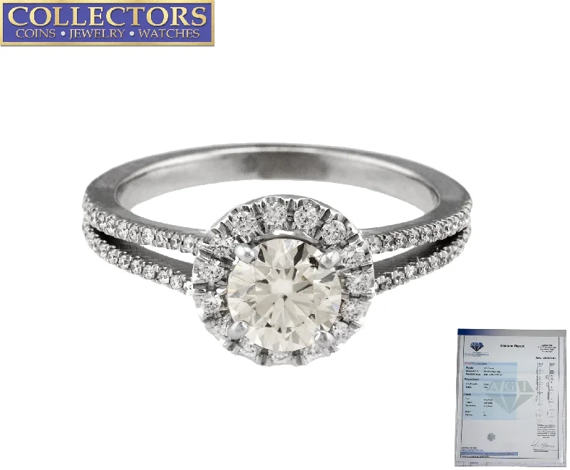 Ladies engagement rings luxury brands-Ladies 14K White Gold 1.02 CT H SI1 Round Brilliant Diamond Halo Engagement Ring