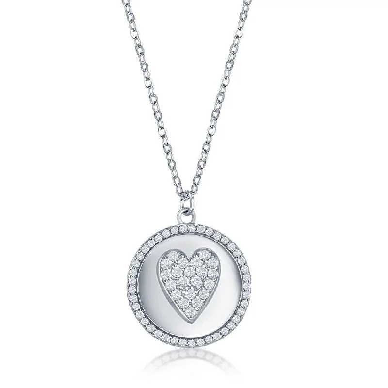 Ladies necklaces sentimental value-Sterlilng Silver Micro Pave CZ Disc Necklace - Heart