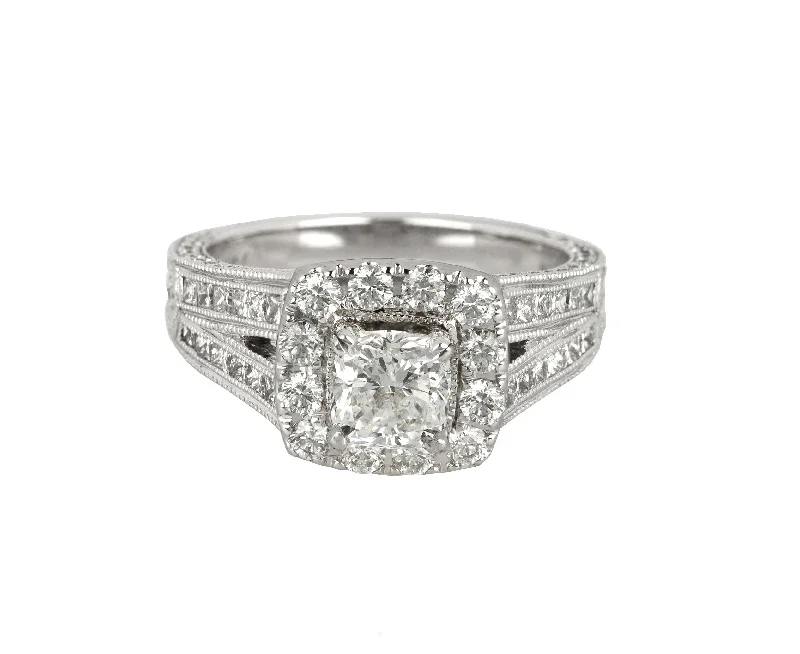 Ladies engagement rings princess cut-Modern 14K White Gold .55CT Radiant Cut Diamond Halo Split Shank Engagement Ring