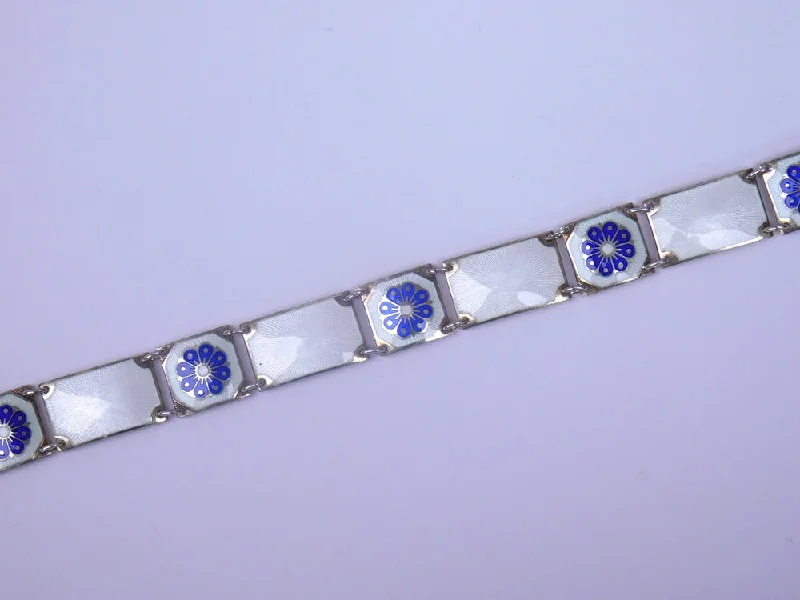 Ladies bracelets handmade crafts-STERLING SILVER NORWEGIAN BLUE AND WHITE ENAMEL BRACELET