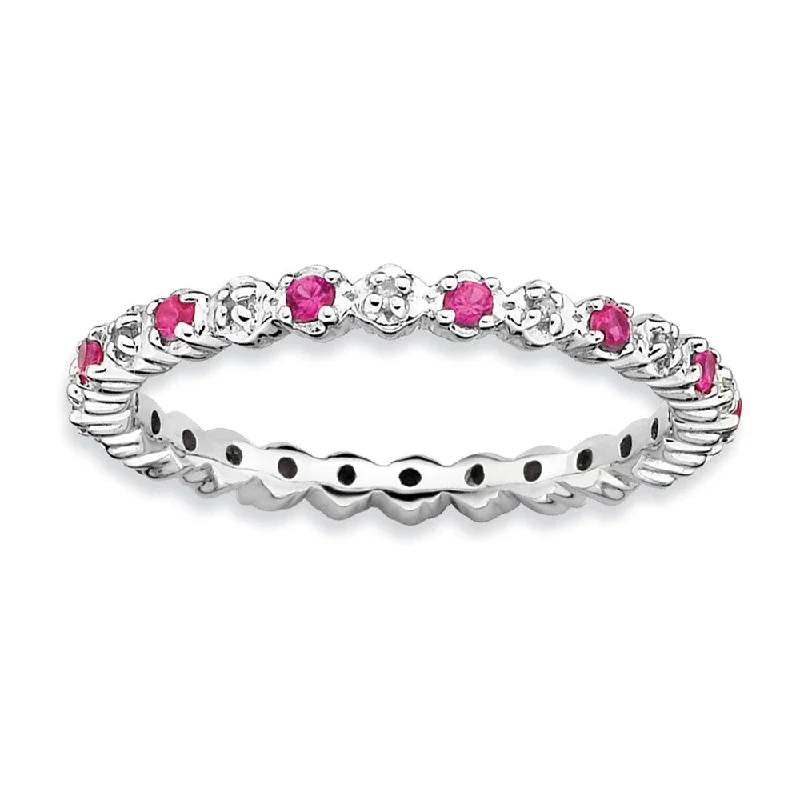 Ladies ring personalized-2.25mm Created Ruby & .04 Cttw Diamond Sterling Silver Stack Band