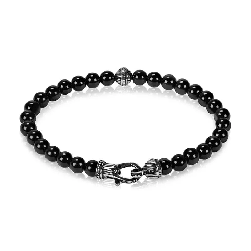 Ladies bracelets minimalist trend-A.R.Z Men's Black Onyx Bead Bracelet